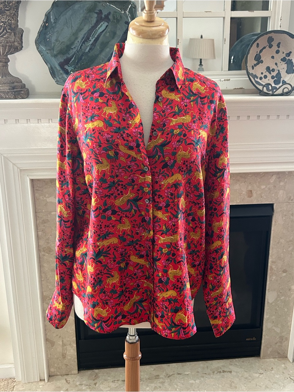 J. Crew Red Multicolor Jungle Cat Floral Silk-Twill Shirt - Picture 2 of 11